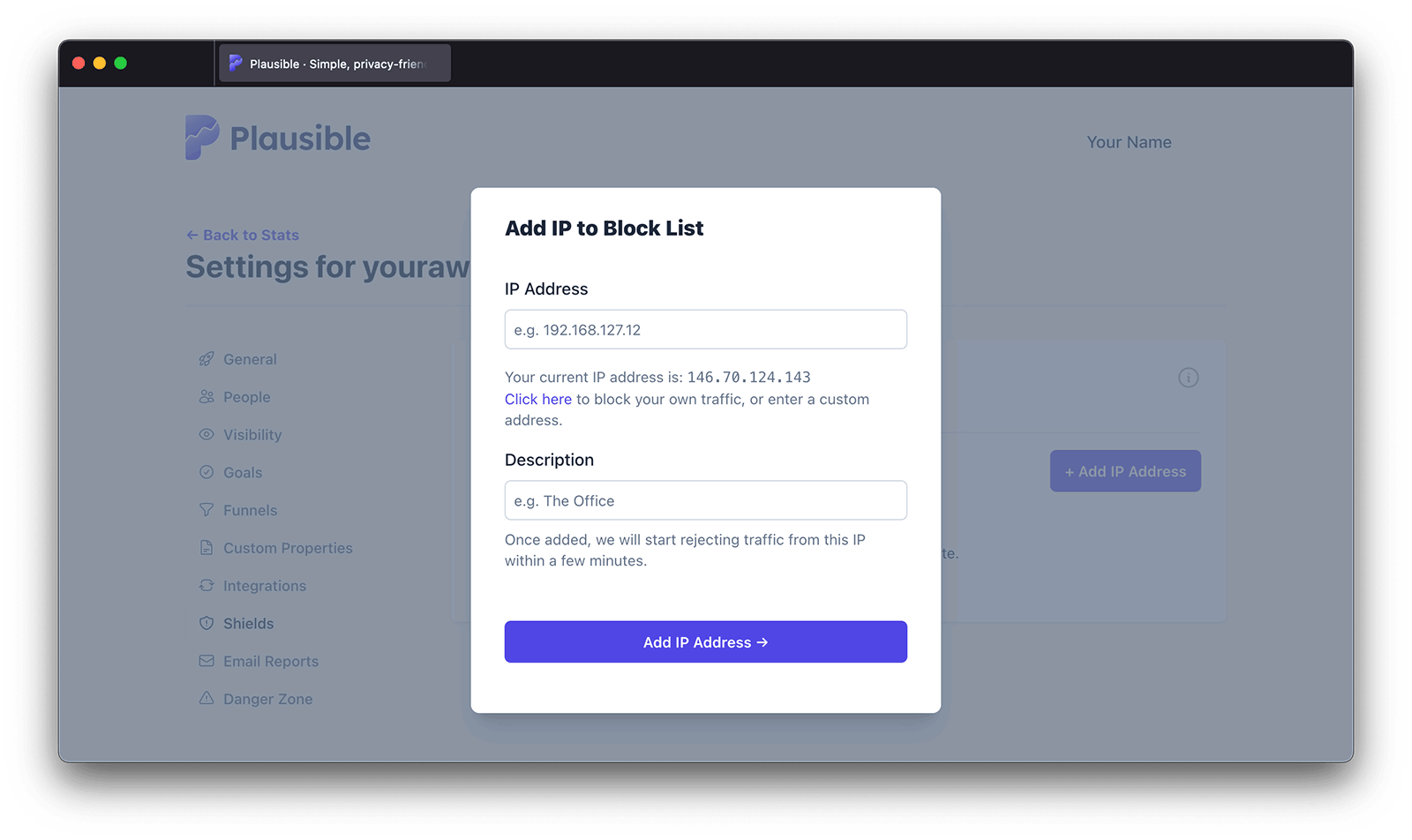 Shields add IP to blocklist