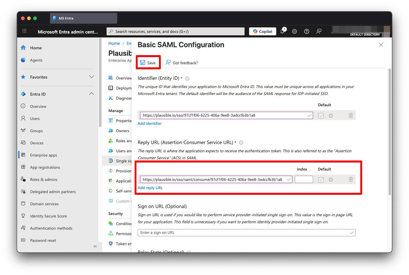 MS Entra add Reply URL