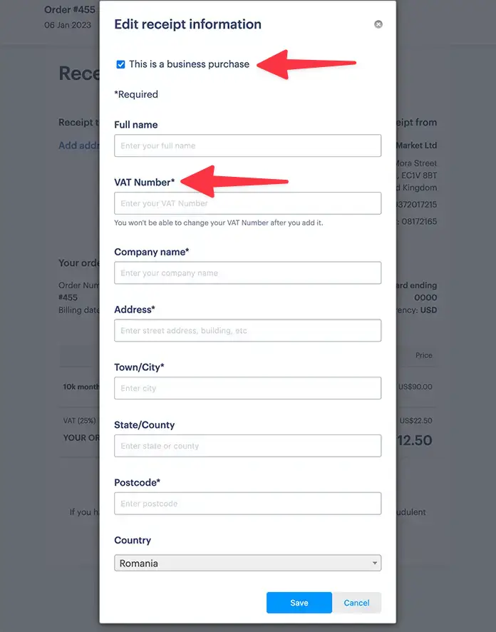 Edit invoice to add business details